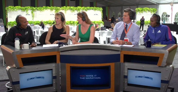 Interviewing Meb Keflezighi (far left) and Geoffrey Mutai (far right) with Carrie Tollefson and Tim Hutchings